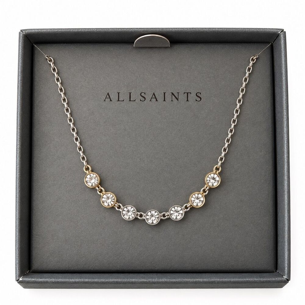 ALLSAINTS Two Tone Crystal Frontal Necklace Bezel Set Silver Gold 16–18” Boxed